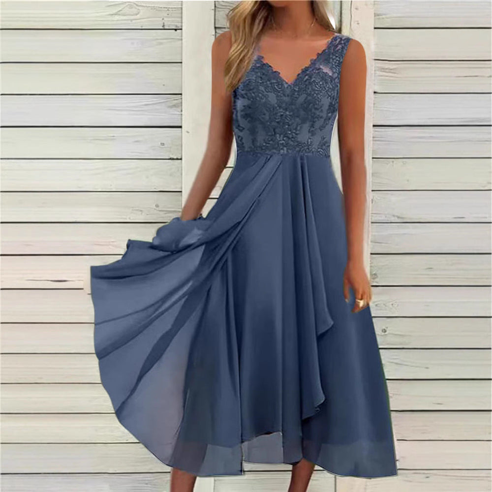 Damen Halbarm Abendkleid mit zarter Spitze und raffinierten Falten