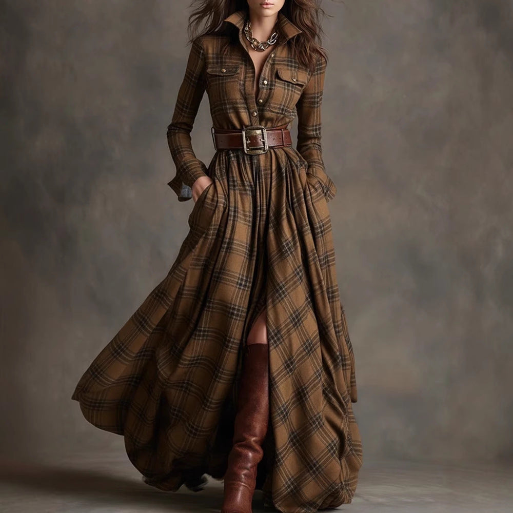 Damen Karierte Maxikleid mit Hemdbluse-Oberteil, Taillierter Bund und Eingrifftaschen Shop Nory