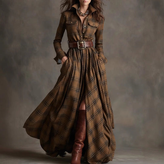 Damen Karierte Maxikleid mit Hemdbluse-Oberteil, Taillierter Bund und Eingrifftaschen Shop Nory