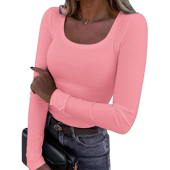 Damen Langarm-Rippoberteil mit U-Ausschnitt Shop Nory