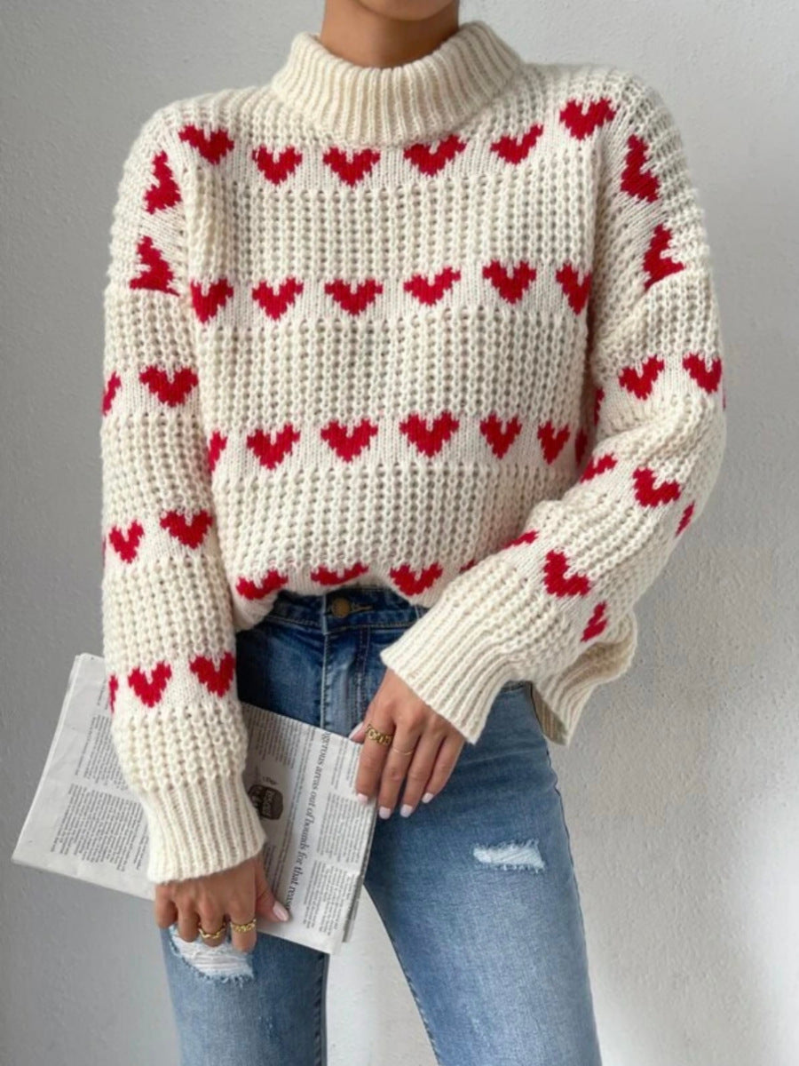 Damen nan Grobstrickpullover mit eingestrickten Herzmotiven, hohem Stehkragen und lässiger Oversize-Silhouette Shop Nory