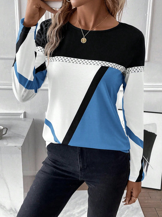 Damen Langarmshirt mit geometrischem Blockprint und Rundhalsausschnitt Shop Nory