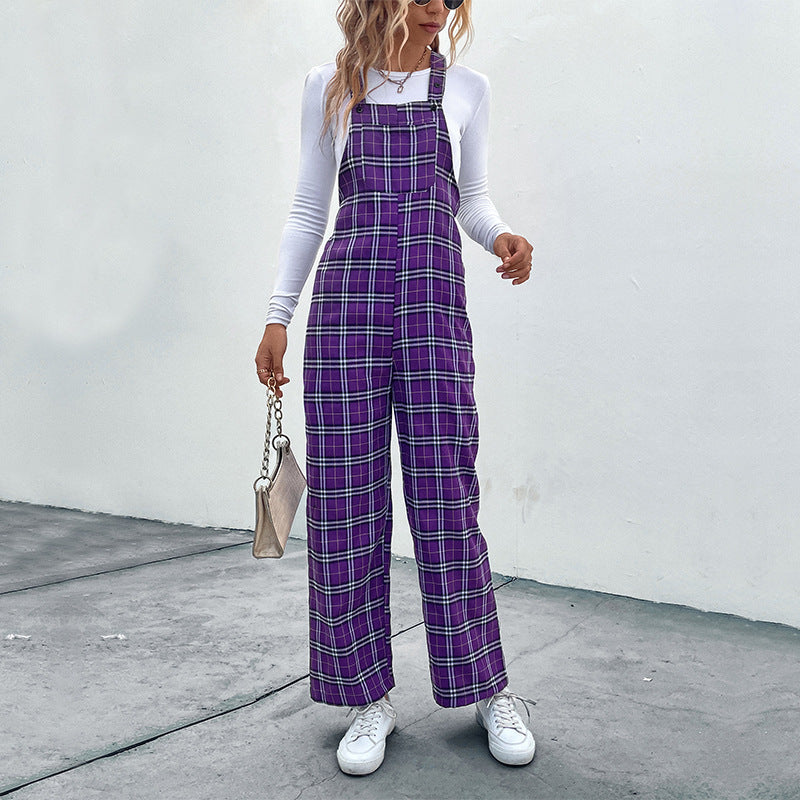Damen Lässiger Karierter Jumpsuit mit breitem Bein und verstellbaren Trägern Shop Nory