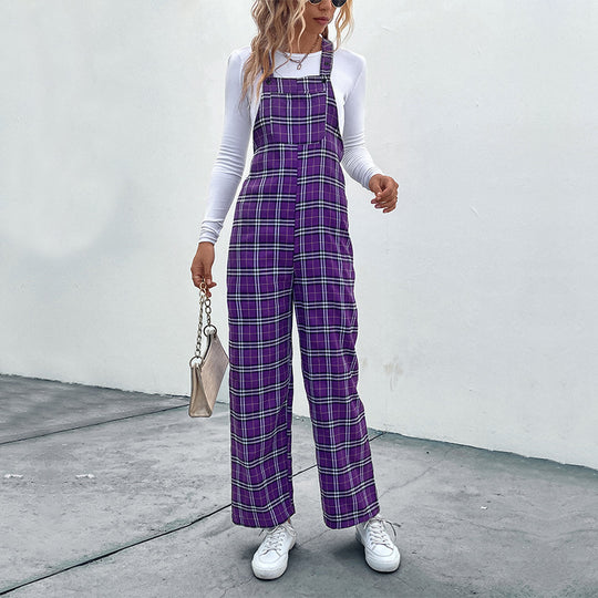 Damen Lässiger Karierter Jumpsuit mit breitem Bein und verstellbaren Trägern Shop Nory
