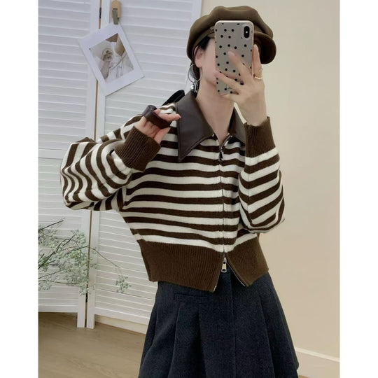 Damen Modischer Streifenpullover mit hohem Kragen und Reißverschluss Shop Nory