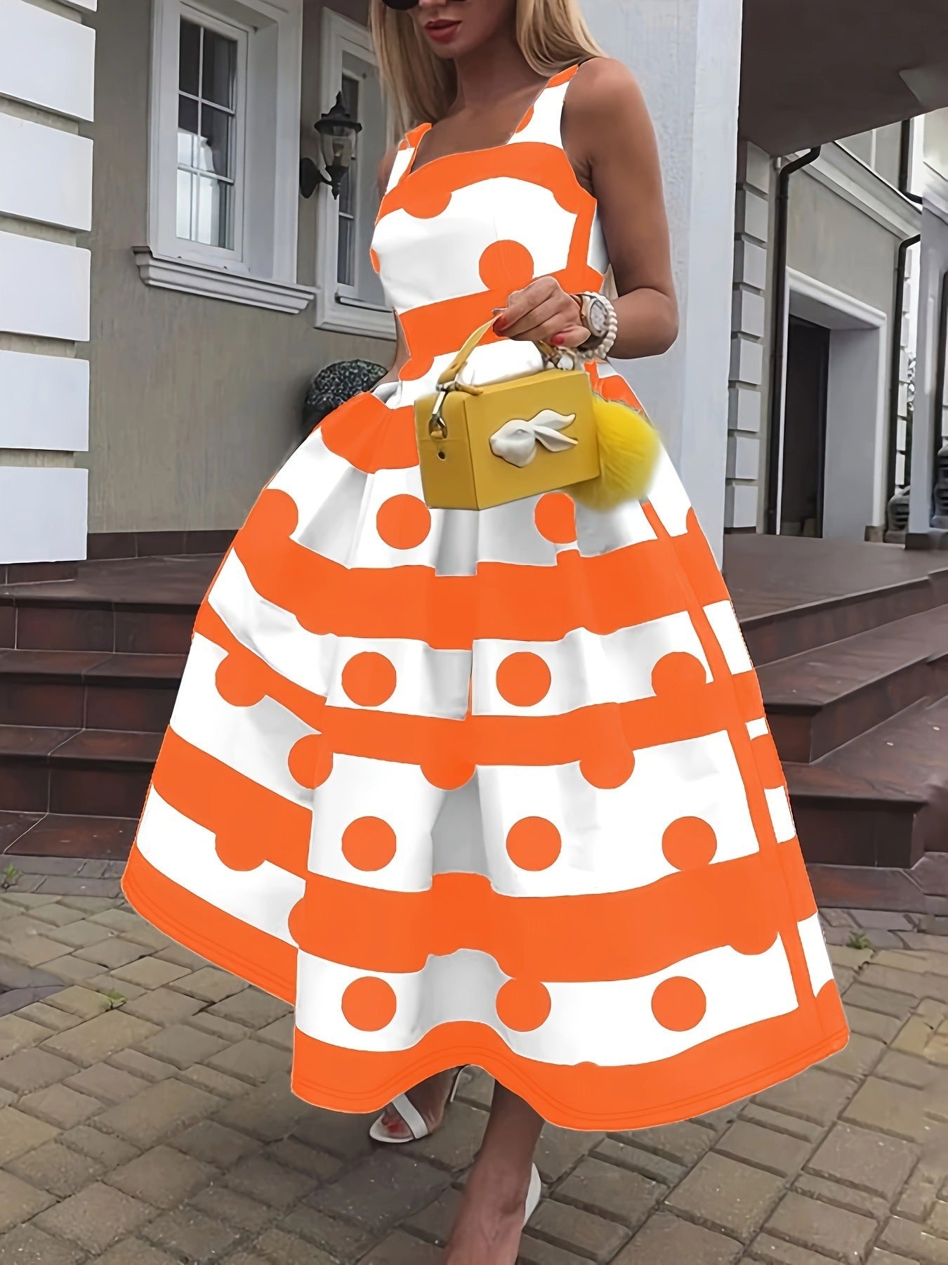 Damen Elegantes Midi-Kleid mit strukturiertem Polka-Dot-Design und schwingendem Rock Shopnory