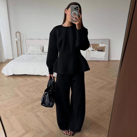 Damen Tailliertes Peplum-Oberteil mit Wiener Nähten und weitem Lounge-Hosen-Set Shop Nory