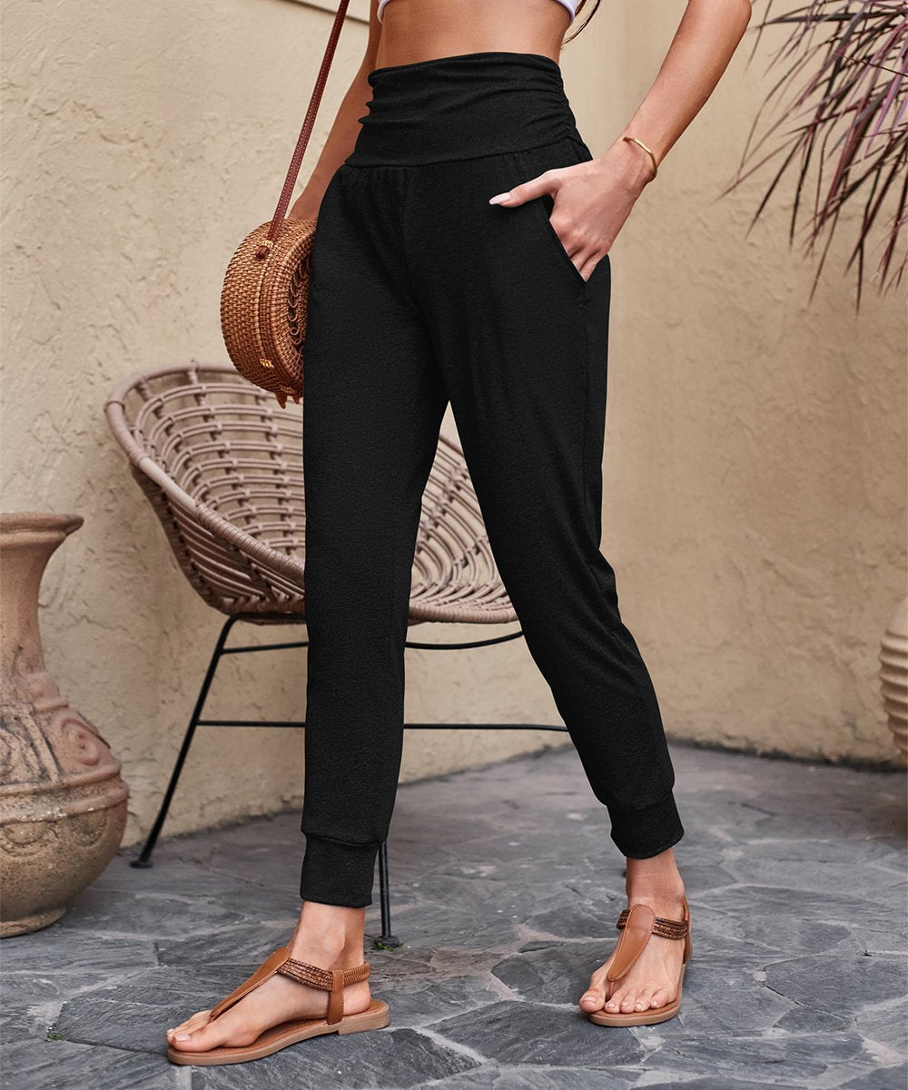 Damen Hochtaille Jogginghose mit breitem Bund, Eingrifftaschen und schlank zulaufendem Bein Shop Nory