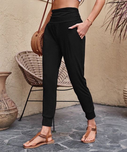 Damen Hochtaille Jogginghose mit breitem Bund, Eingrifftaschen und schlank zulaufendem Bein Shop Nory