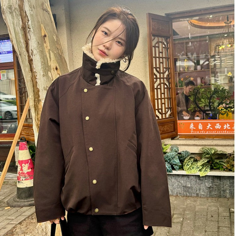 Damen Kurze Oversize-Boxy-Jacke mit Teddykragen und Druckknopfverschluss Shop Nory