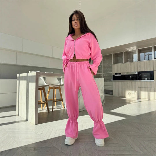 Damen Cropped-Kapuzenjacke mit Reißverschluss und taillierter Tunnelzug-Jogginghose Shop Nory