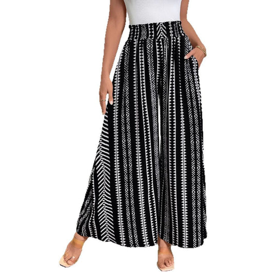 Damen Weite Palazzo-Hose mit hohem Smockbund, Seitentaschen & grafischem Streifenmuster Shop Nory