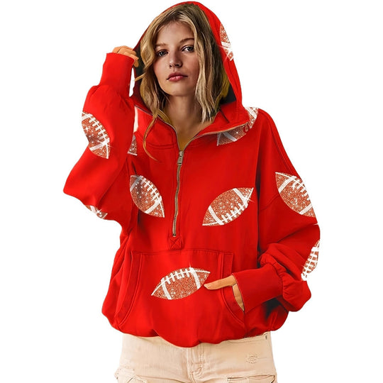 Damen Oversized Kapuzenpullover mit halbem Reißverschluss und Pailletten‑Football-Applikation Shop Nory