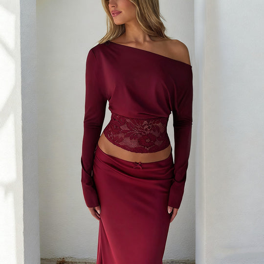 Damen Cropped-Top mit Fledermausärmeln und Spitzen-Taillenband Shop Nory