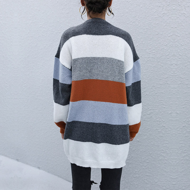 Damen Oversize Strickcardigan mit Blockstreifen und offener Front Shop Nory