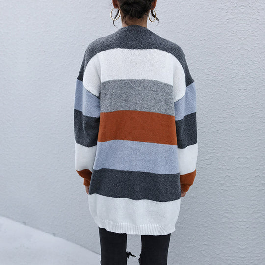 Damen Oversize Strickcardigan mit Blockstreifen und offener Front Shop Nory