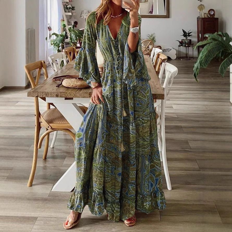 Damen Boho Maxikleid mit Paisley-Print, V-Ausschnitt, Stufenrock und Bindegürtel Shop Nory