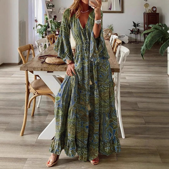 Damen Boho Maxikleid mit Paisley-Print, V-Ausschnitt, Stufenrock und Bindegürtel Shop Nory