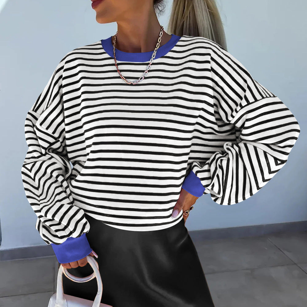 Damen lässiges gestreiftes Sweatshirt mit Boxy-Schnitt und kontrastierenden Abschlüssen Shop Nory