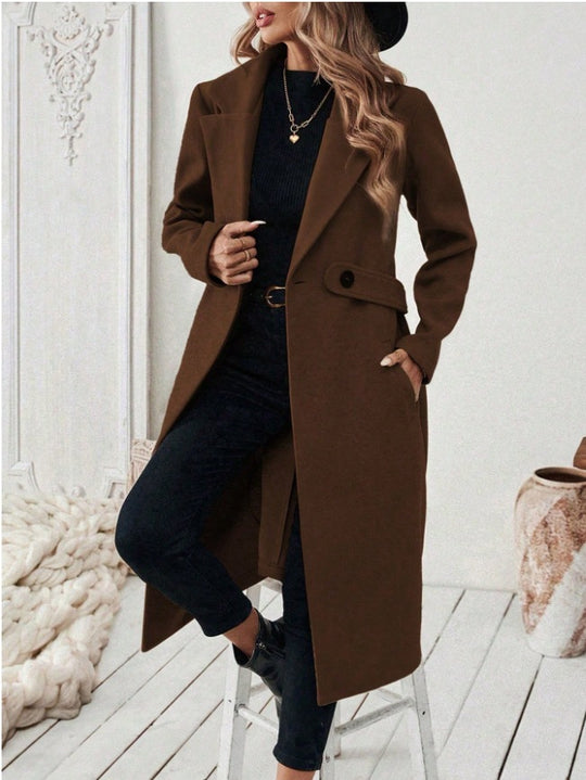 Damen Longline-Mantel mit Reverskragen und Pattentaschen-Detail Shop Nory