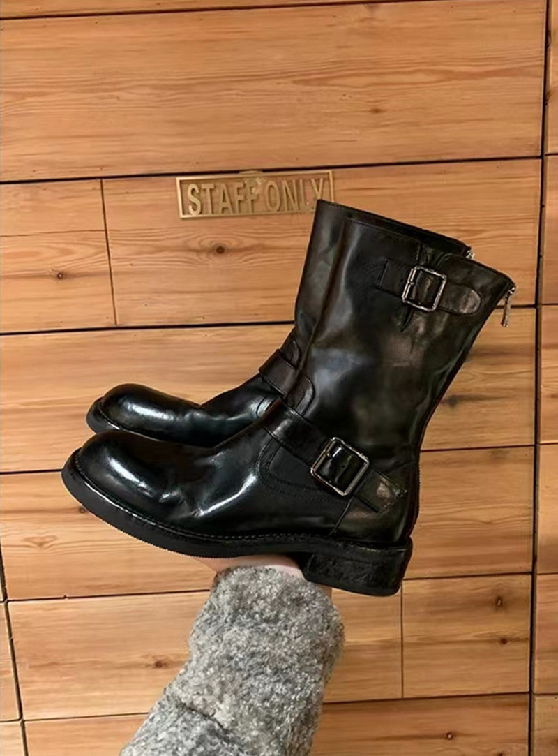 Damen Wadenhohe Biker‑Stiefel aus Glattleder mit Doppelgurt und Rückreißverschluss Shop Nory