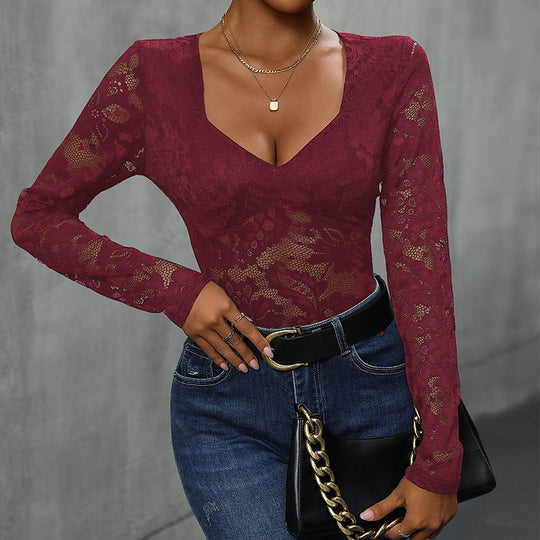 Damen Figurbetonter Spitzen-Body mit tiefem V-Quadratausschnitt und langen Ärmeln Shop Nory