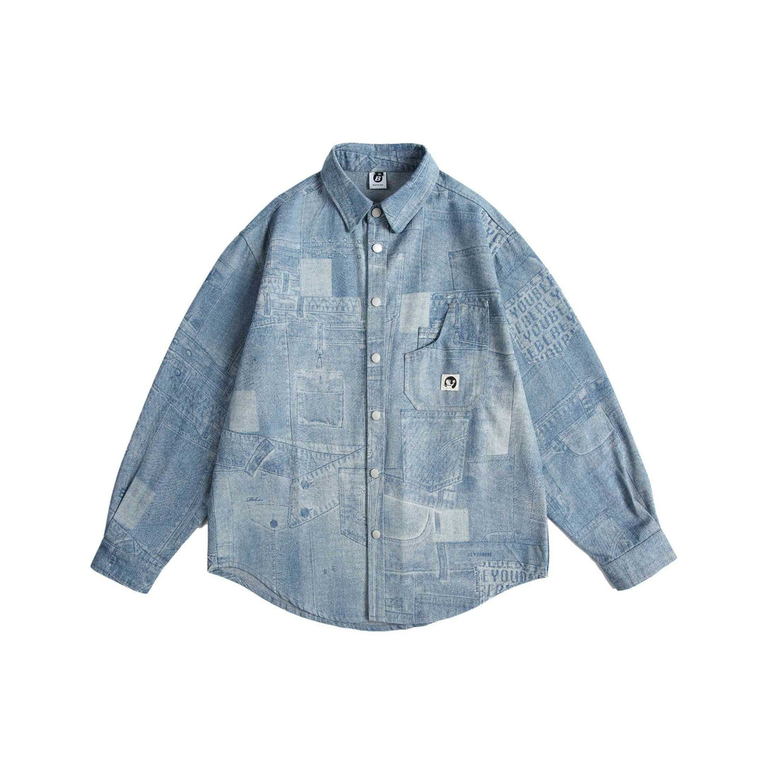 Unisex Oversize-Denim-Hemdjacke mit Patchwork-Print und Druckknopfblende Shop Nory