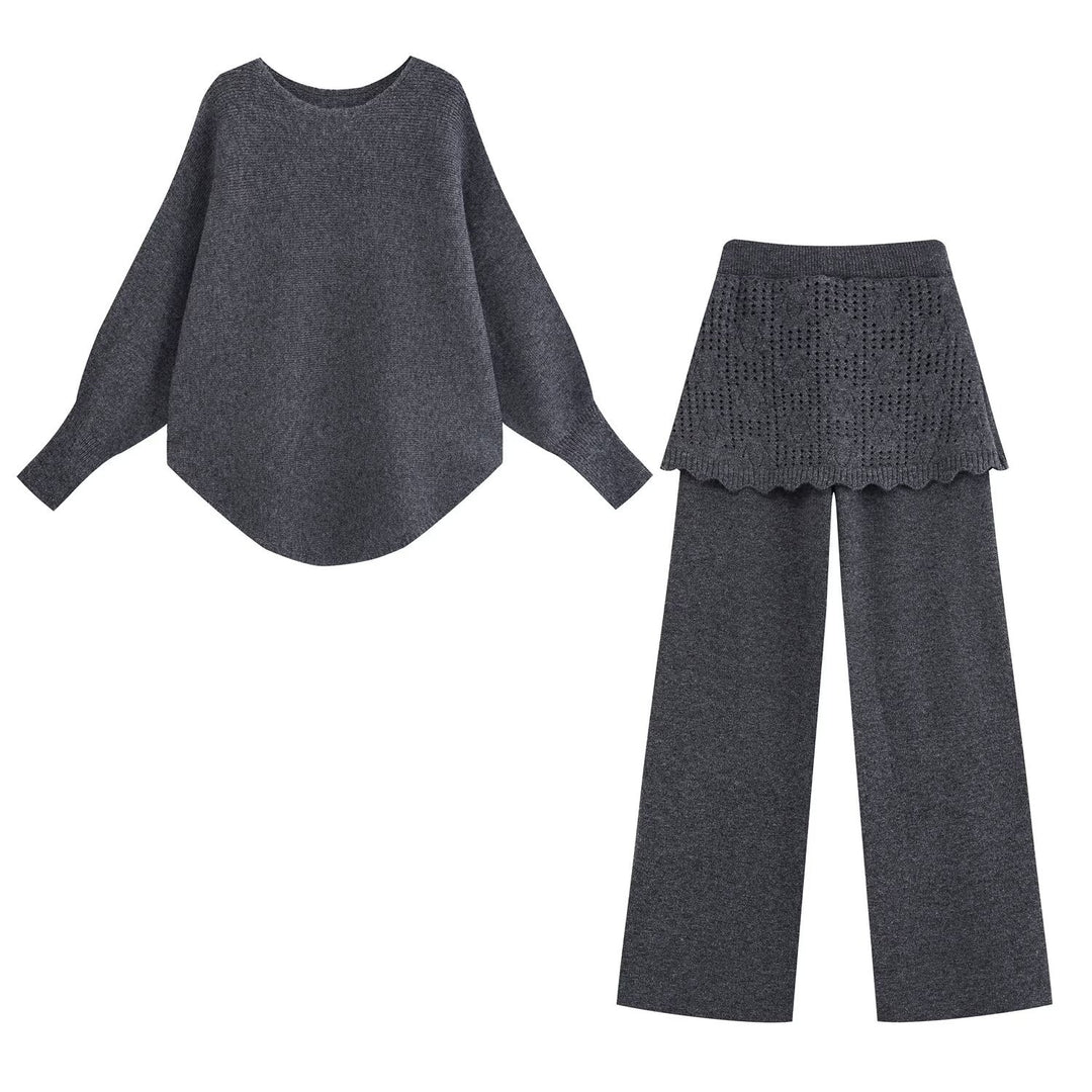 Damen Zweiteiliges Strick-Set mit Oversize-Pullover, Lochmuster-Miniüberrock und weiter Palazzohose Shop Nory