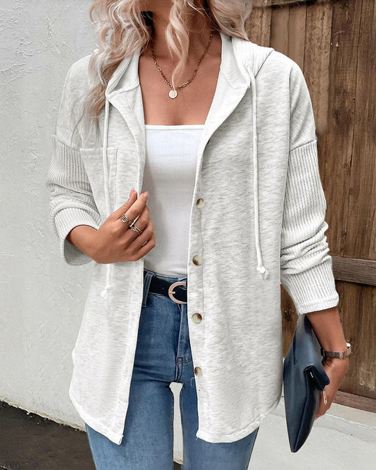 Damen Kapuzencardigan mit Knopfleiste, kontrastierenden Rippärmeln und lässiger Longline-Silhouette Shop Nory
