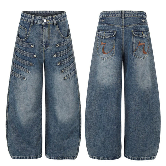 Damen Weite Denim-Palazzo-Jeans mit dekorischen Riegelnähten und Zierknopf-Details Shop Nory