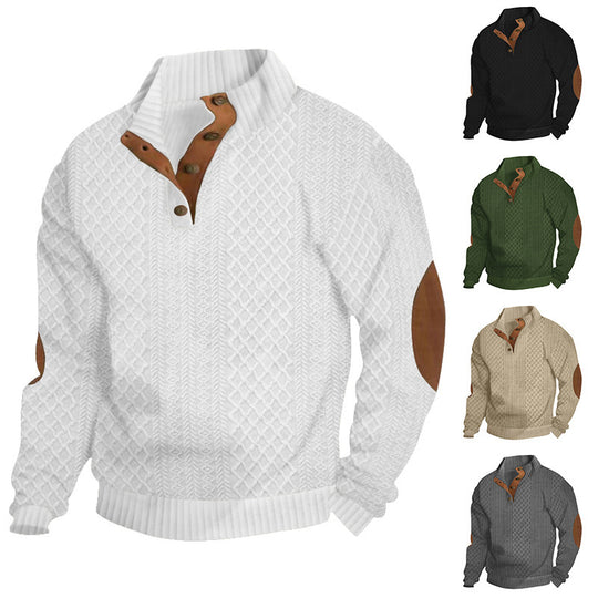Herren Strukturiertes Zopfmuster-Henley-Pullover mit Lederbesatz an Ellbogen & Knopfleiste Shop Nory