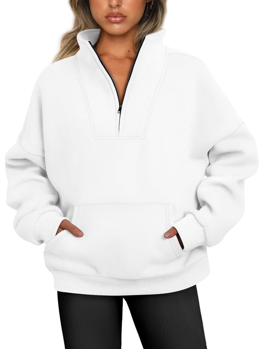 Damen nan oversized Halbzip-Hoodie mit hohem Stehkragen, Kängurutasche und gerippten Bündchen Shop Nory
