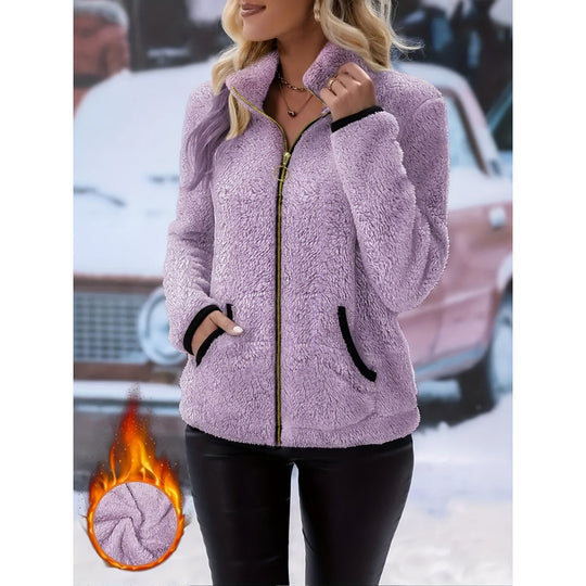 Damen Thermo-Sherpa-Fleecejacke mit Stehkragen, Kontrastkanten und Ringzipper Shop Nory