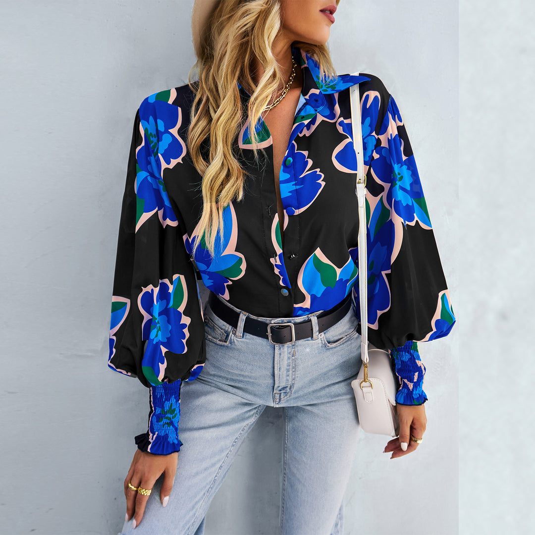 Damen nan lockere Hemdbluse mit floralem Alloverprint, Seidenoptik, smockärmeln und geknöpfter Vorderleiste Shop Nory