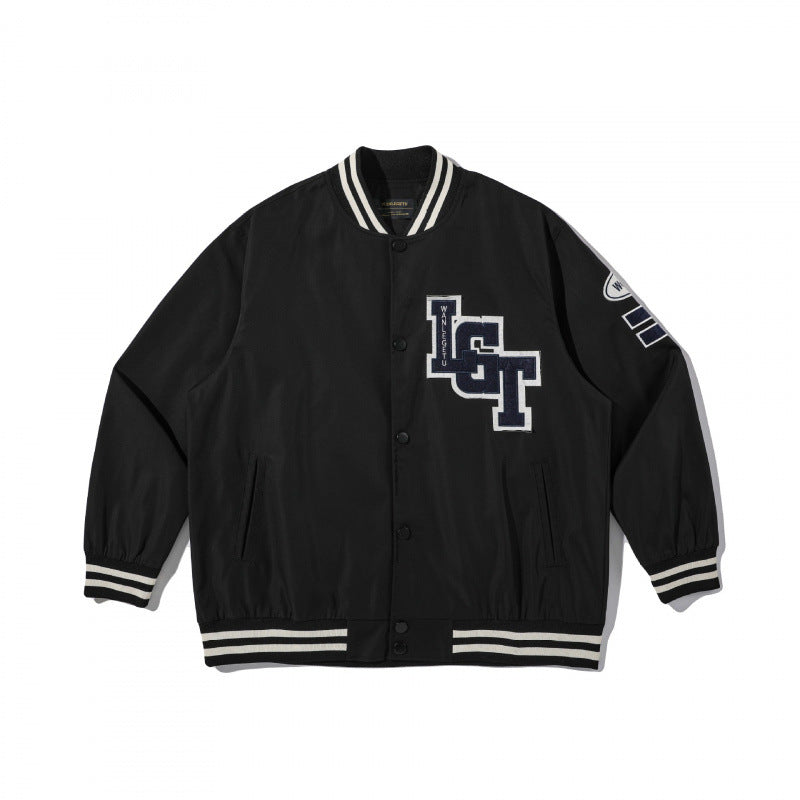 Unisex College-Bomberjacke mit gestepptem Patch, gestreiften Rippsäumen und Druckknopfleiste Shop Nory