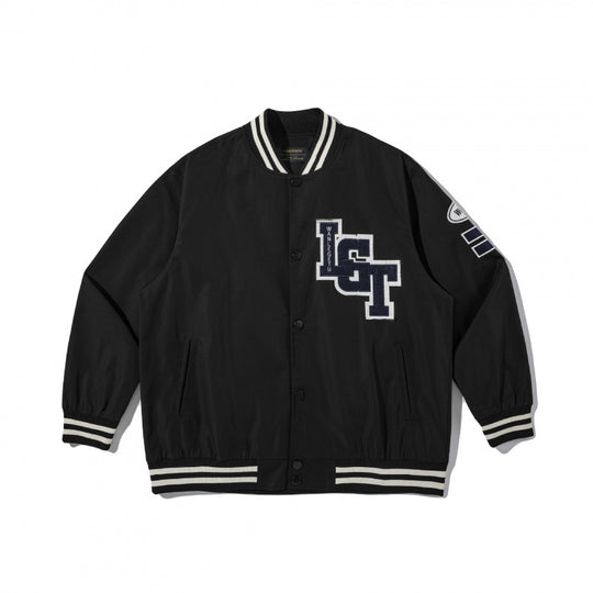 Unisex College-Bomberjacke mit gestepptem Patch, gestreiften Rippsäumen und Druckknopfleiste Shop Nory