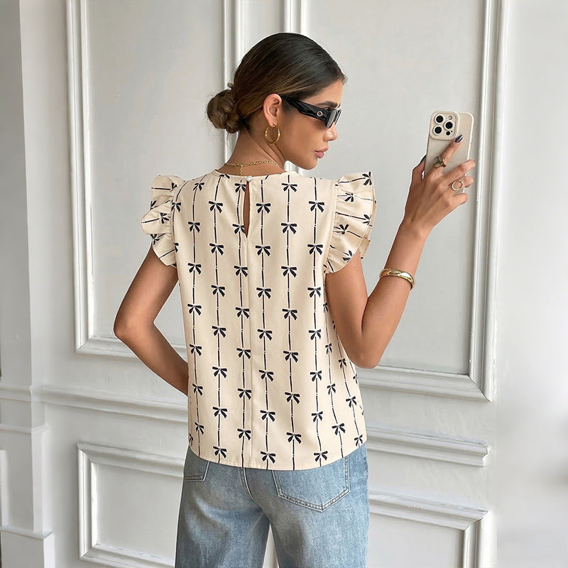 Damen Leichte Baumwollbluse mit Rüschenärmeln, Plissee-Falten und Schleifenprint Shop Nory