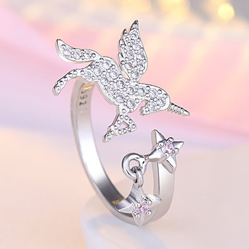 Damen offener Ring mit einzigartigem Einhorn-Design und funkelnden Sternen Shop Nory