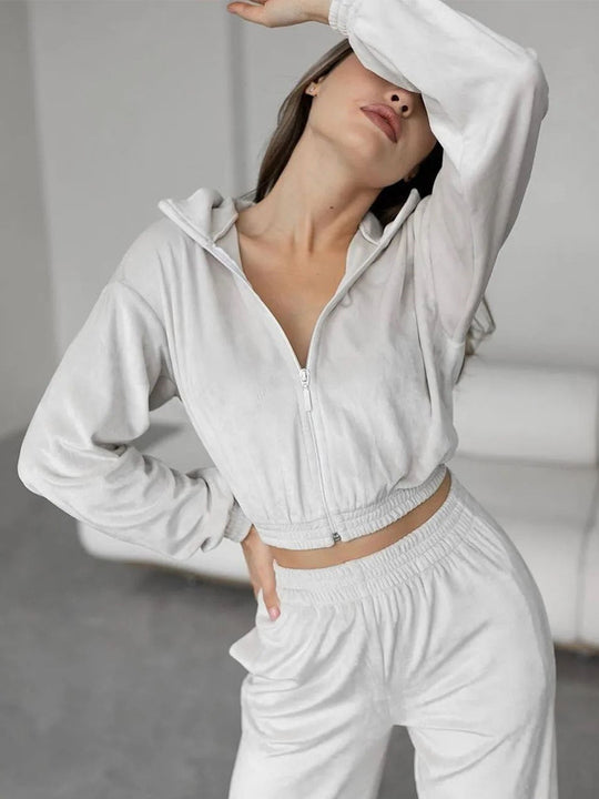 Damen Samt-Loungewear-Set mit kurzem Reißverschluss und geraffter Taillenpartie Shop Nory