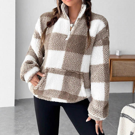 Damen nan kuscheliger Sherpa-Pullover mit Stehkragen, Half-Zip und Kängurutasche Shop Nory