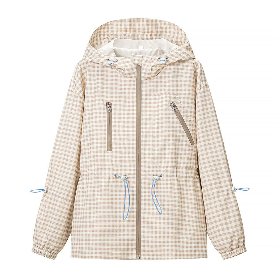 Damen Leichte Kapuzenjacke im Karo-Muster mit Tunnelzug und Reißverschlusstaschen Shop Nory