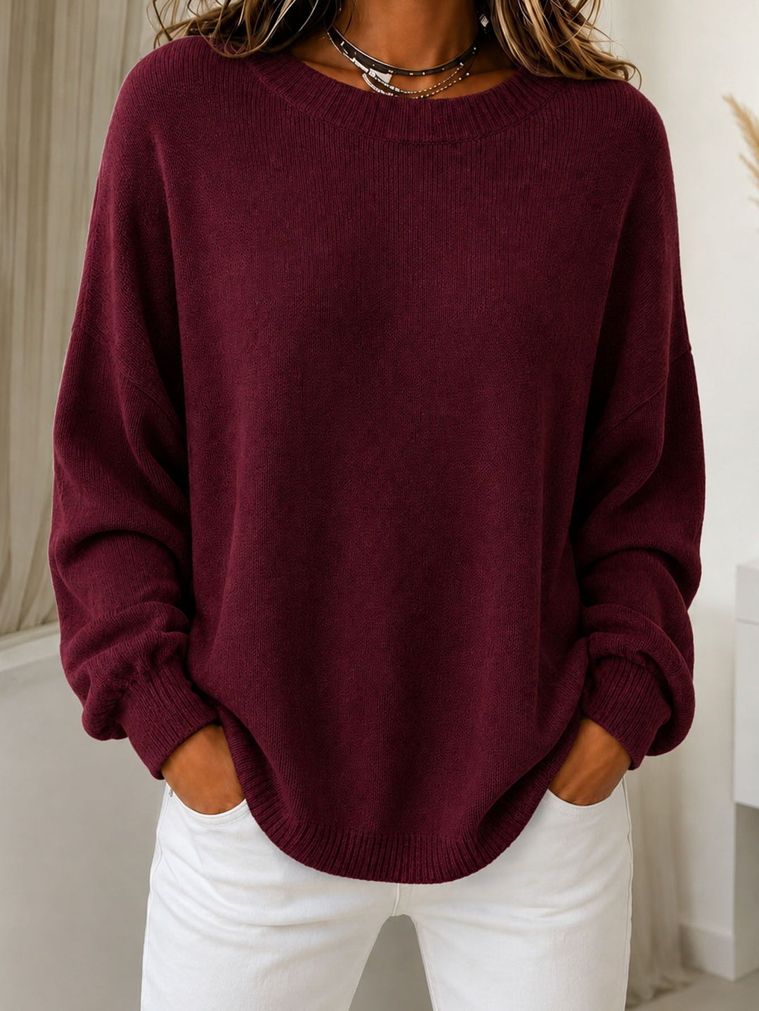 Damen Leichter Cashmere‑Touch Pullover mit Rundhalsausschnitt, überschnittener Schulter und gerippten Bündchen Shop Nory