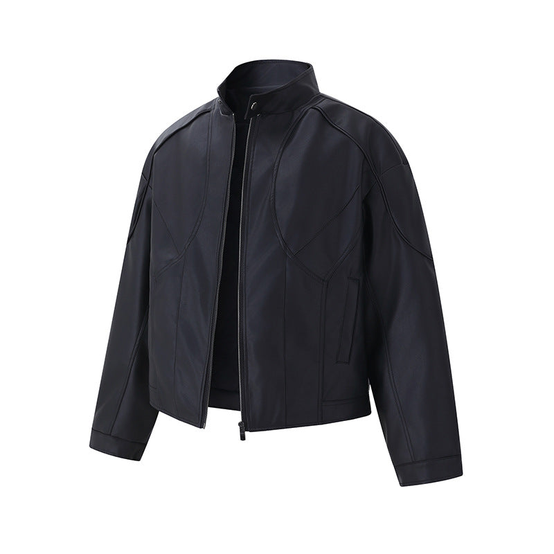 Herren Kurzboxy Mock‑Lederjacke mit geometrischer Nahtführung Shop Nory