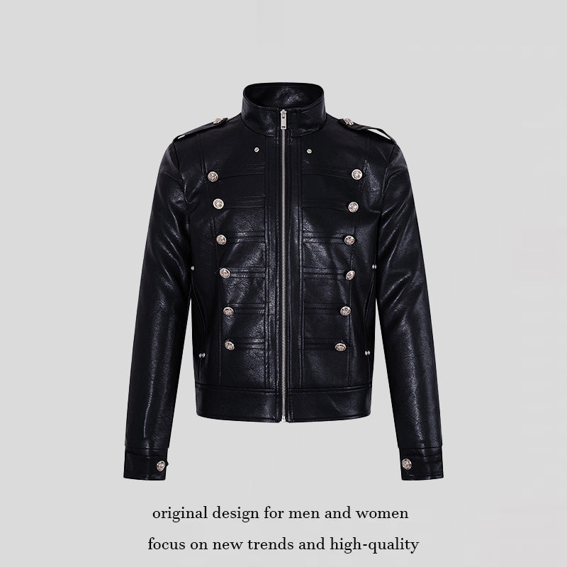 Herren Militärisch inspirierte Kunstlederjacke mit Stehkragen, Zierknopfreihe und Schulterpatten Shop Nory