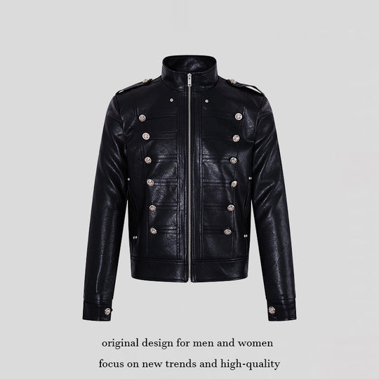 Herren Militärisch inspirierte Kunstlederjacke mit Stehkragen, Zierknopfreihe und Schulterpatten Shop Nory