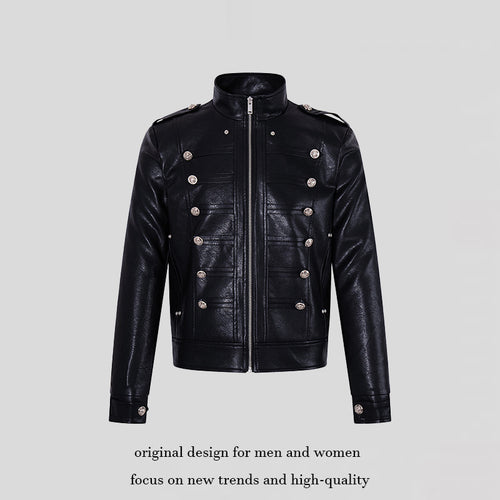 Herren Militärisch inspirierte Kunstlederjacke mit Stehkragen, Zierknopfreihe und Schulterpatten Shop Nory