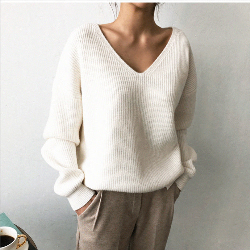 Damen lässiger Strickpullover mit V-Ausschnitt und weit geschnittenen Ärmeln