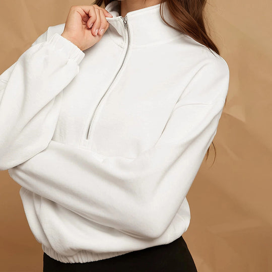 Damen halbzip Cropped Sweatshirt mit hohem Stehkragen, Kängurutasche und elastischem Saum Shop Nory