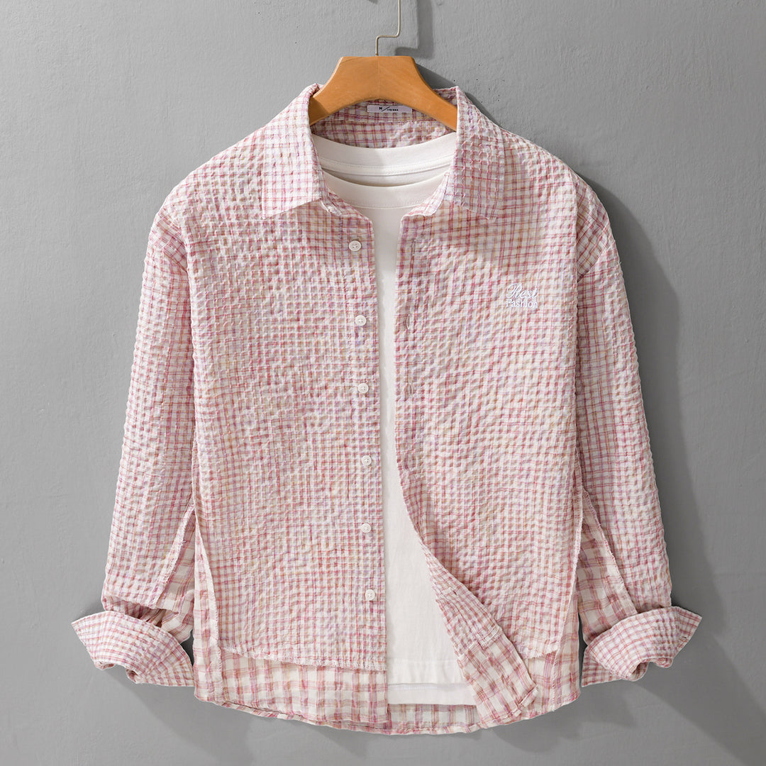 Damen Relaxed-Fit Crinkle-Hemdjacke mit feiner Gingham‑Webstruktur und dezenter Bruststickerei Shop Nory
