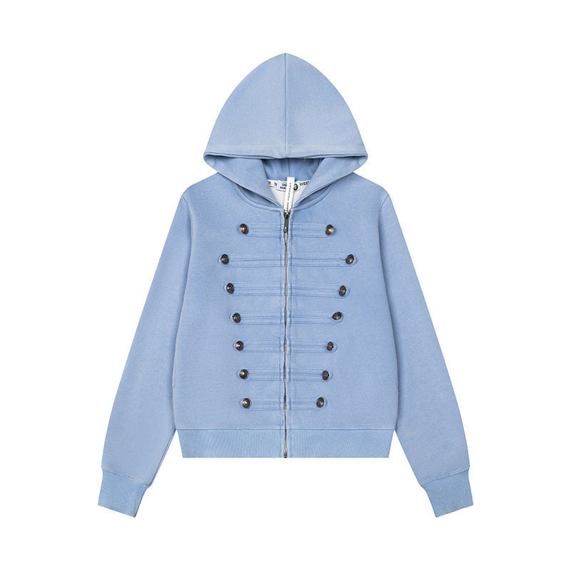 Damen Kapuzen-Sweatjacke mit militärischer Knopfverzierung und durchgehendem Reißverschluss Shop Nory